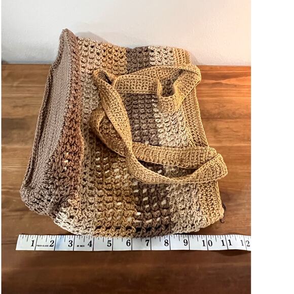 The Sak Crochet Shoulder Bag Tan Brown Ombré Boho Beach Tote Purse Zip Pocket - Picture 9 of 11